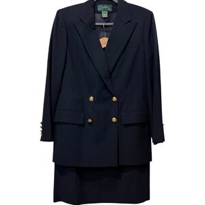 Lauren Ralph Lauren Navy Wool Blazer & Skirt Suit Gold Crest Buttons USA Size 8